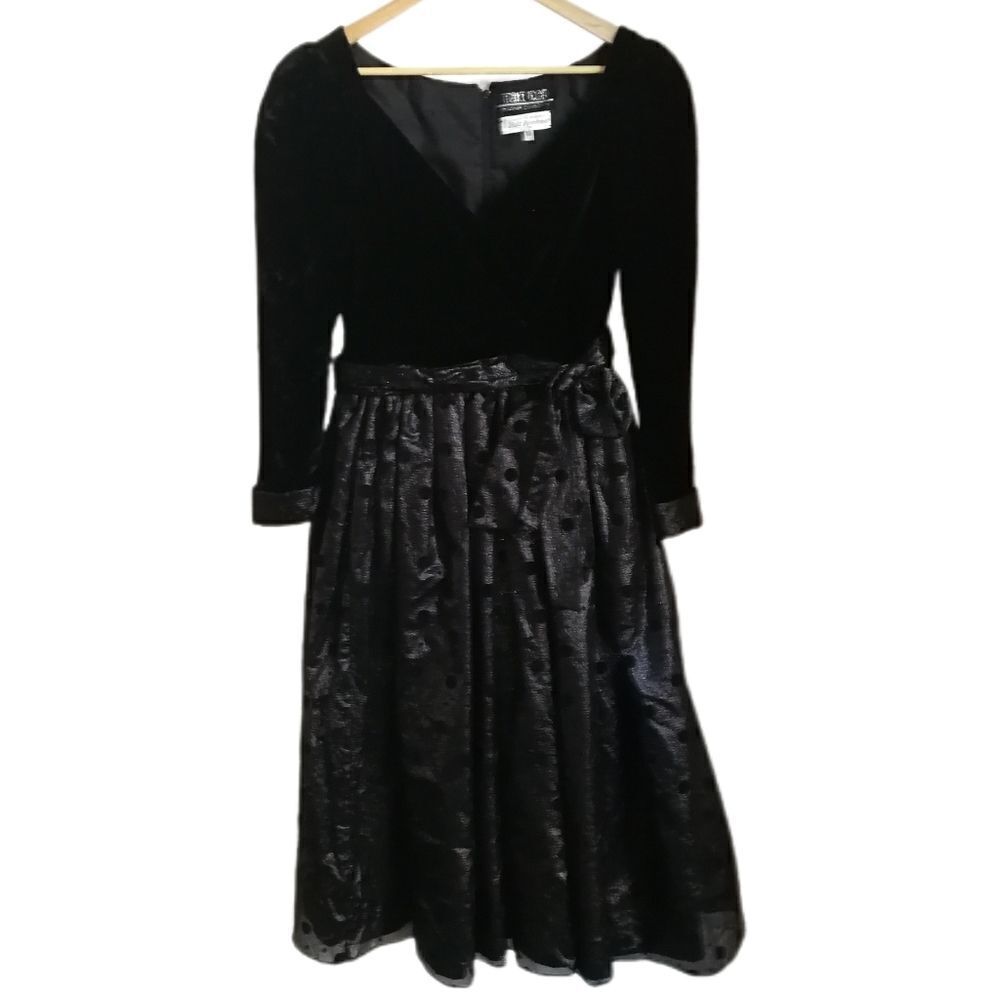 Vintage HOLT RENFREW 80 English Black Velvet & Silky Dots Cocktail Dress Medium